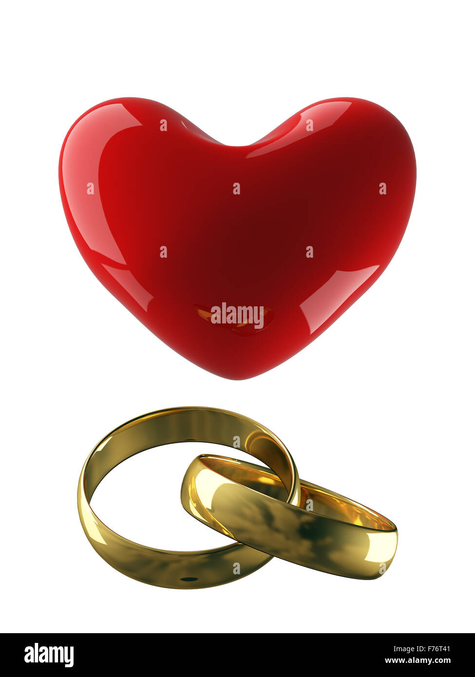 Cuore con gli anelli di nozze su uno sfondo bianco. Immagine 3D. Foto Stock