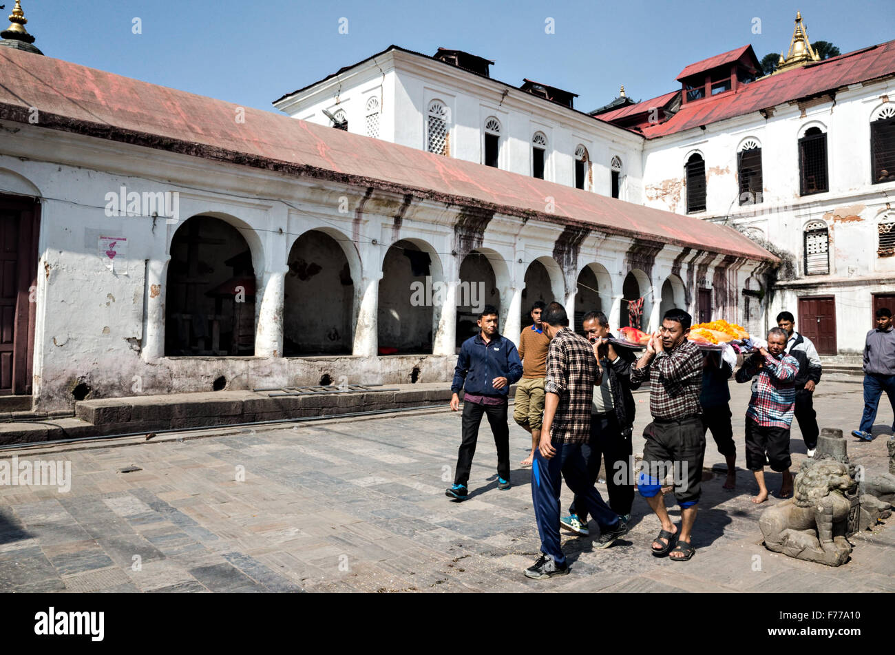 Persone che trasportano un cadavere di un uomo per la cremazione posto per funerali nel tempio di Pashupatinath complesso in Kathmandu, Nepal Foto Stock