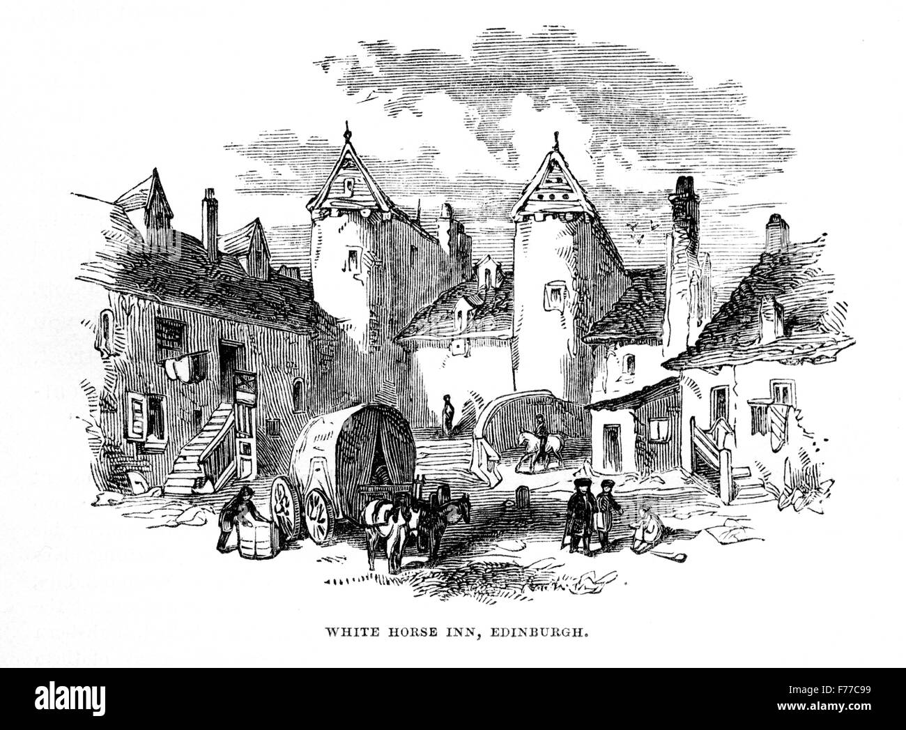 Un'incisione del White Horse Inn, Edinburgh Scotland UK scansionata ad alta risoluzione da un libro stampato nel 1852. Creduto libero di copyright. Foto Stock