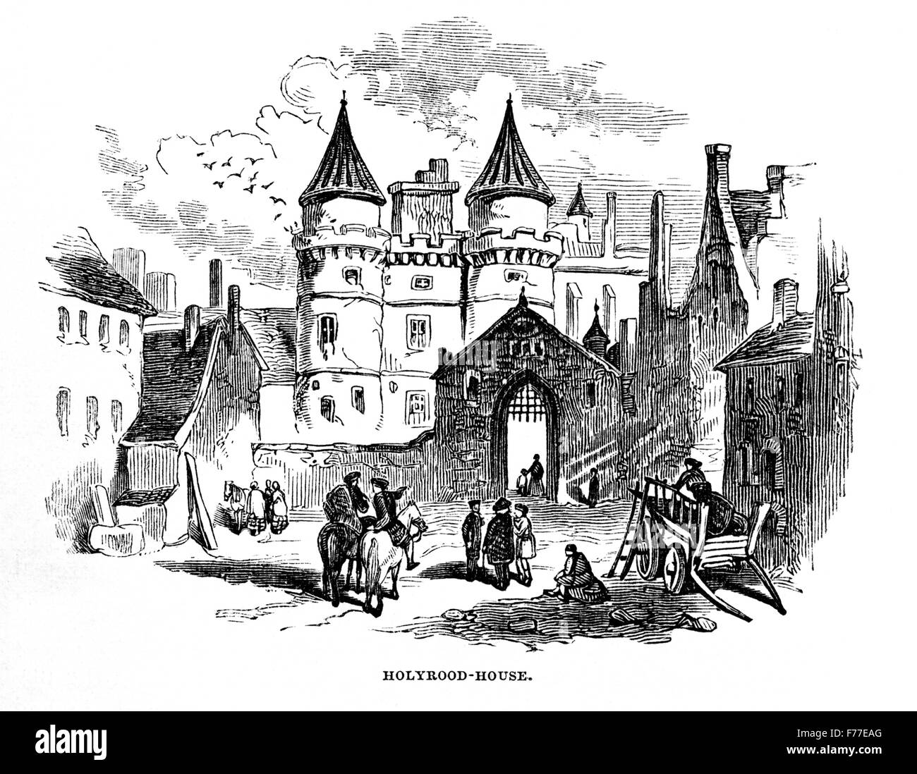 Una incisione di Holyrood House scansionati ad alta risoluzione da un libro stampato nel 1852. Credeva di essere liberi dal copyright. Foto Stock