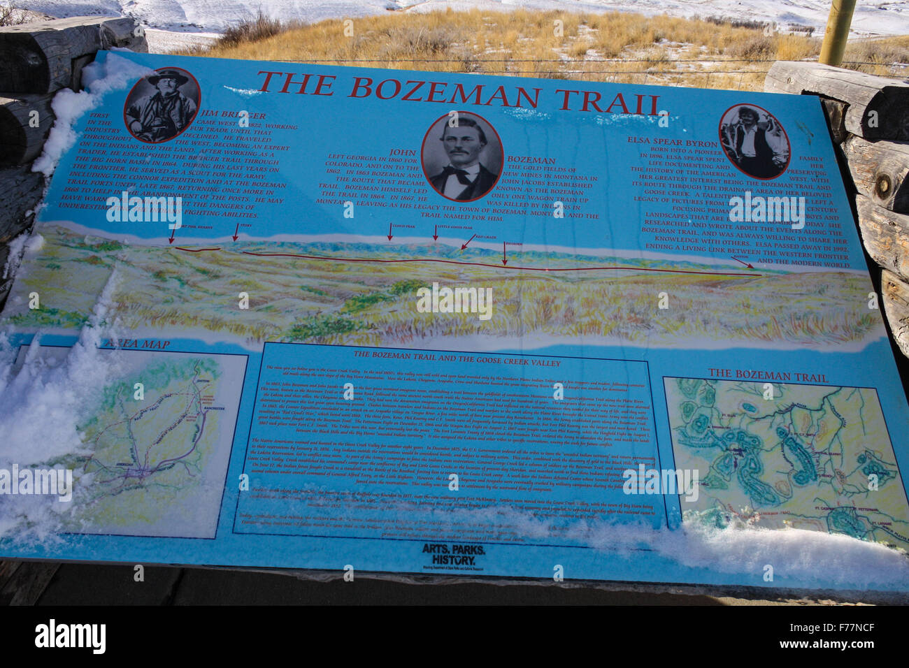 Il Bozeman Trail, Wyoming negli Stati Uniti. Firmare con la descrizione. Foto Stock