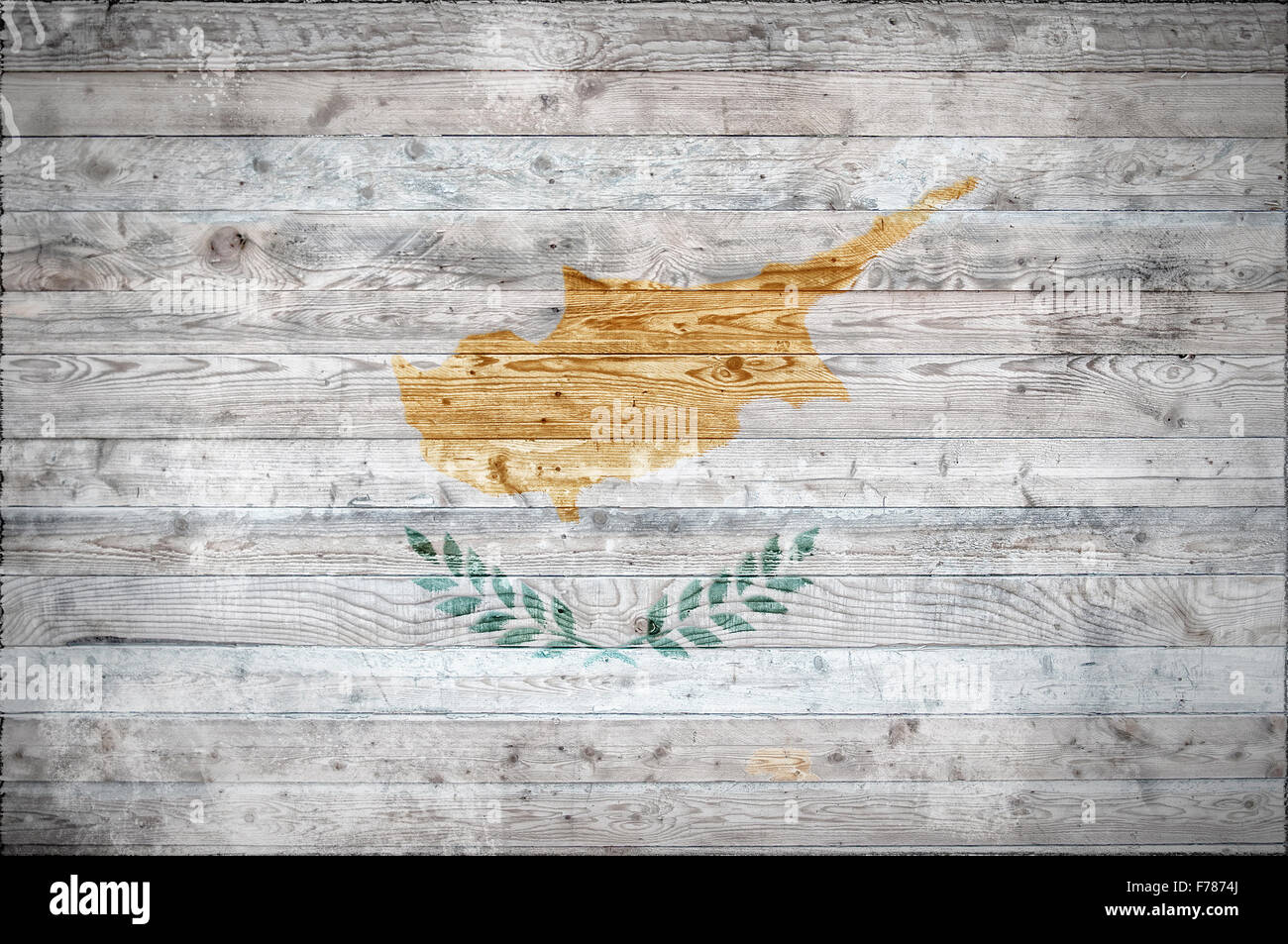 Un vignettato immagine di sfondo della bandiera di Cipro verniciato su assi di legno di una parete o di pavimento. Foto Stock