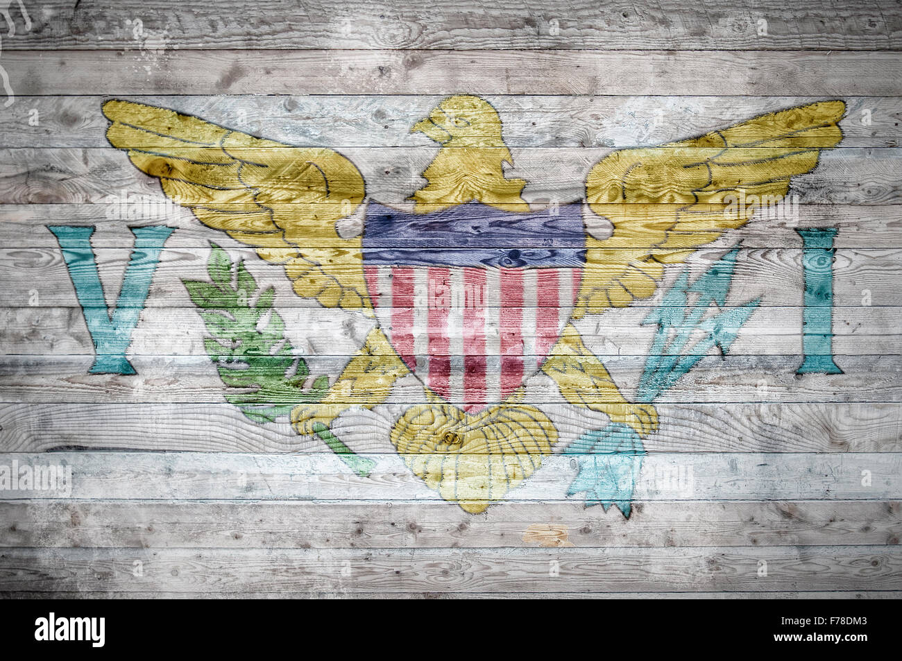 Un vignettato immagine di sfondo della bandiera delle Isole Vergini su assi di legno di una parete o di pavimento. Foto Stock