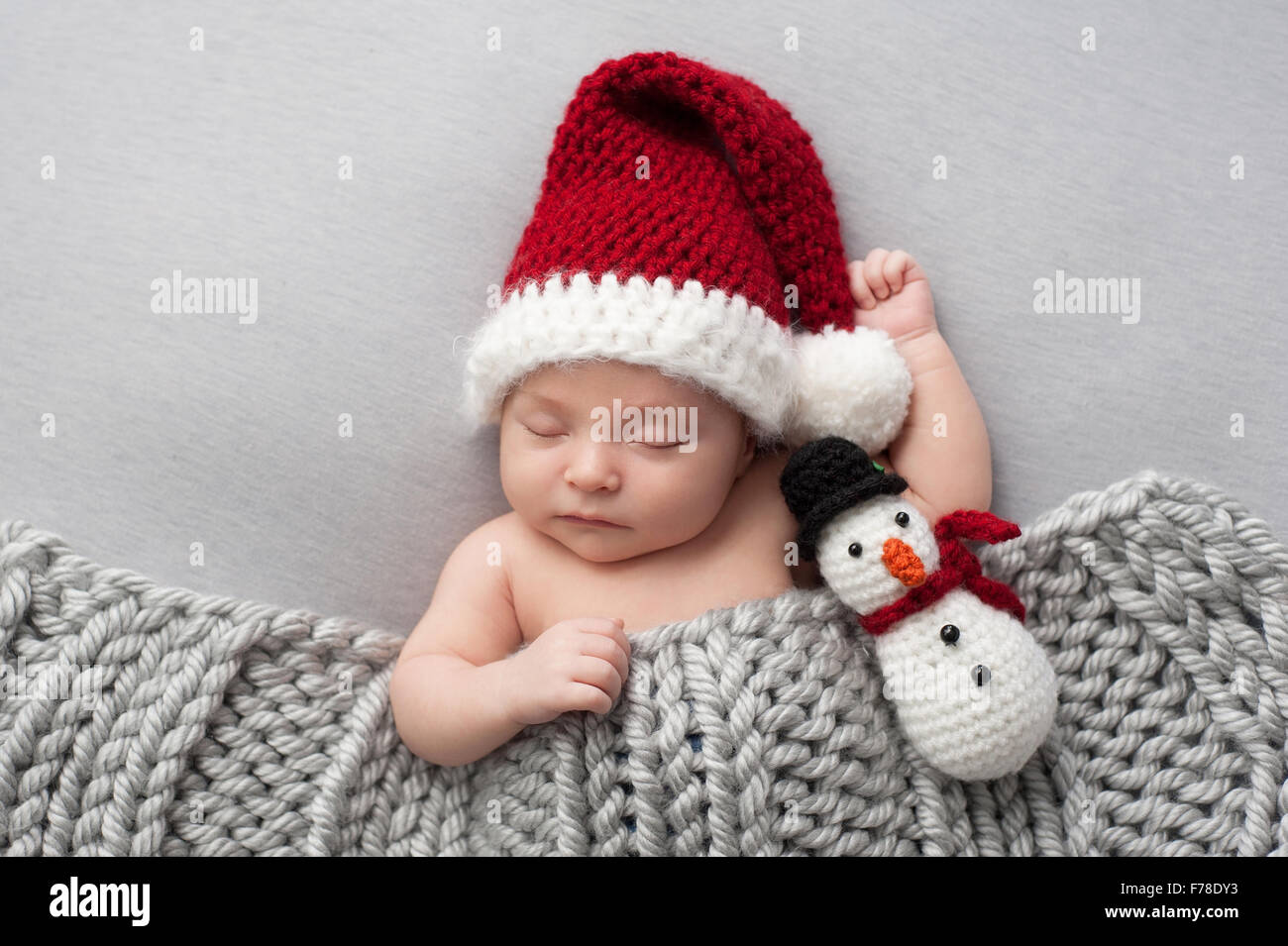 Dormire, due settimane vecchio, neonato, baby boy indossare una maglia Santa hat con pupazzo di peluche. Foto Stock
