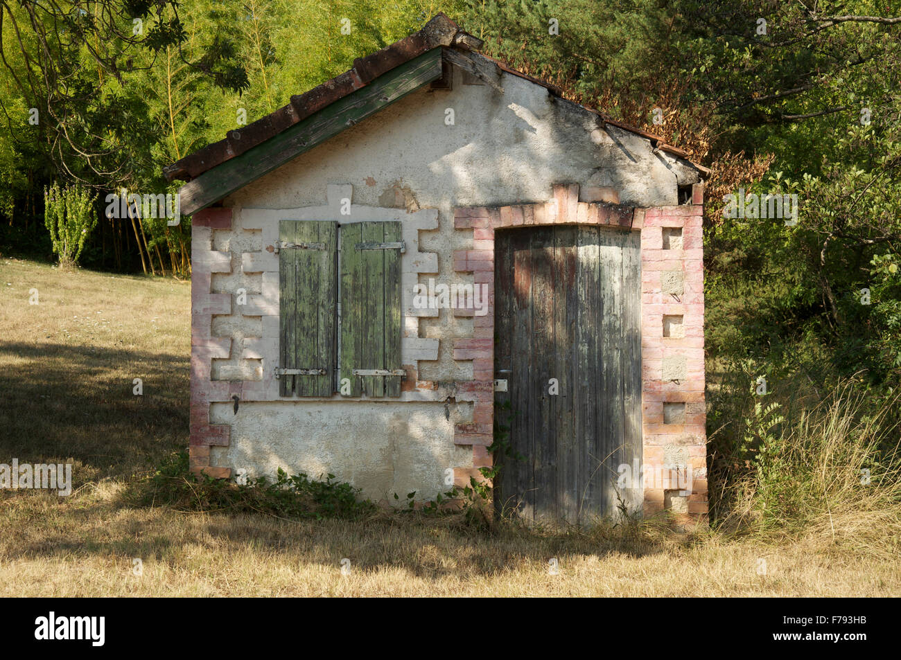 Un vecchio trascurato e fatiscente baracca rurale nel villaggio di Aouste-sur-Sye, cresta vicino a La Drôme. A sud est della Francia. Foto Stock