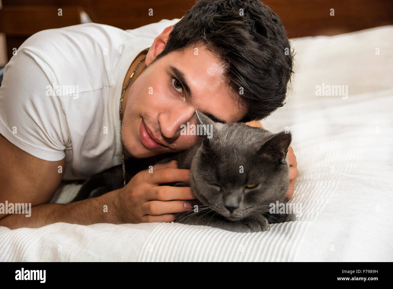 Bel giovane uomo Animal-Lover su un letto, avvolgente e coccole il suo grigio gatto domestico Pet. Foto Stock