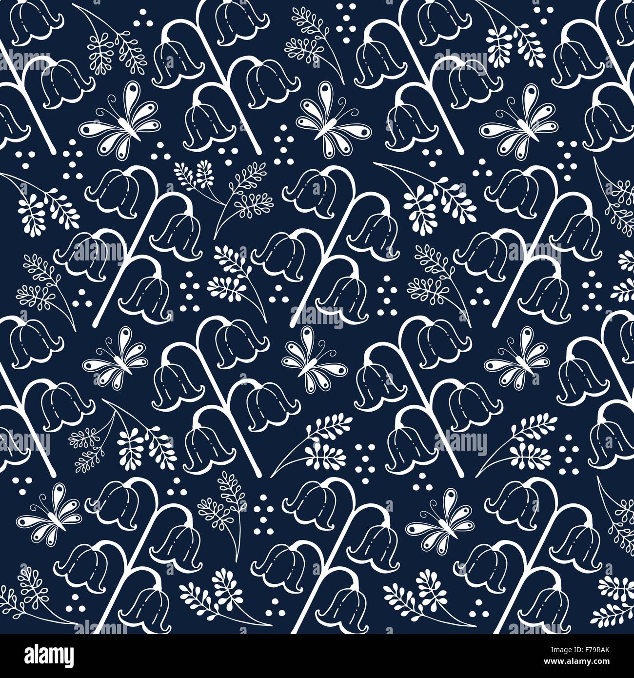 Fiori e foglie disegnate a mano doodle illustrazione la linea bianca e blu navy colore di sfondo Illustrazione Vettoriale