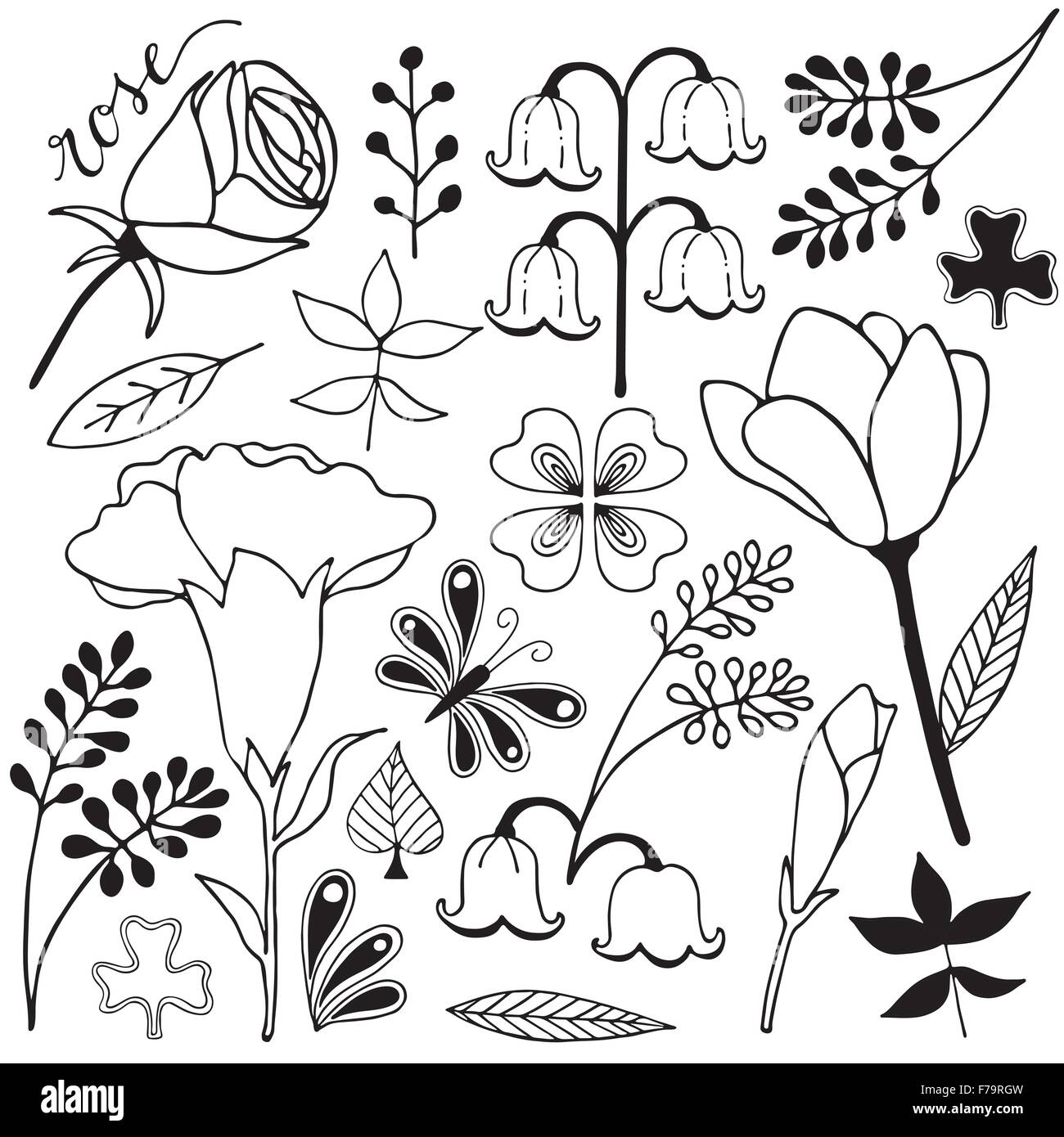 Fiori e foglie di mano di variazione bozzetto doodle in bianco e nero illustrazione Illustrazione Vettoriale