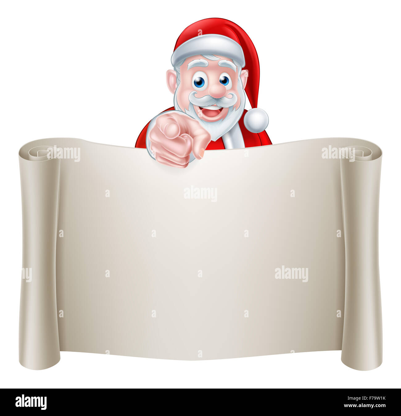 Santa vuole o ha bisogno di voi il Natale illustrazione di cartoon Santa Claus puntando verso il viewer da dietro una rotellina di scorrimento. Potrebbe essere chiedere Foto Stock