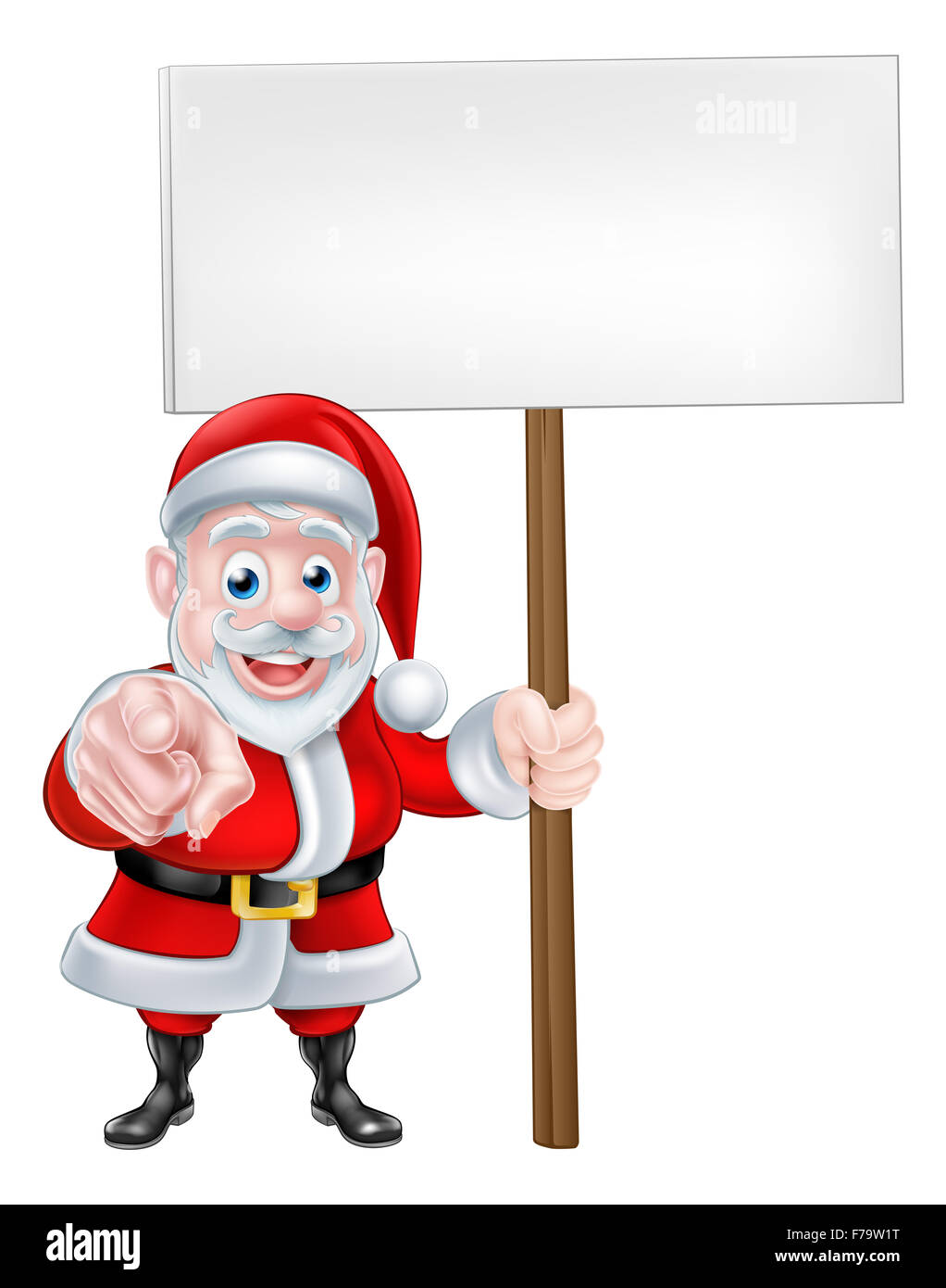 Santa vuole o ha bisogno di voi il Natale cartoon di Santa Claus puntando verso il visualizzatore tenendo ablank segno. Potrebbe essere la richiesta di aiuto w Foto Stock