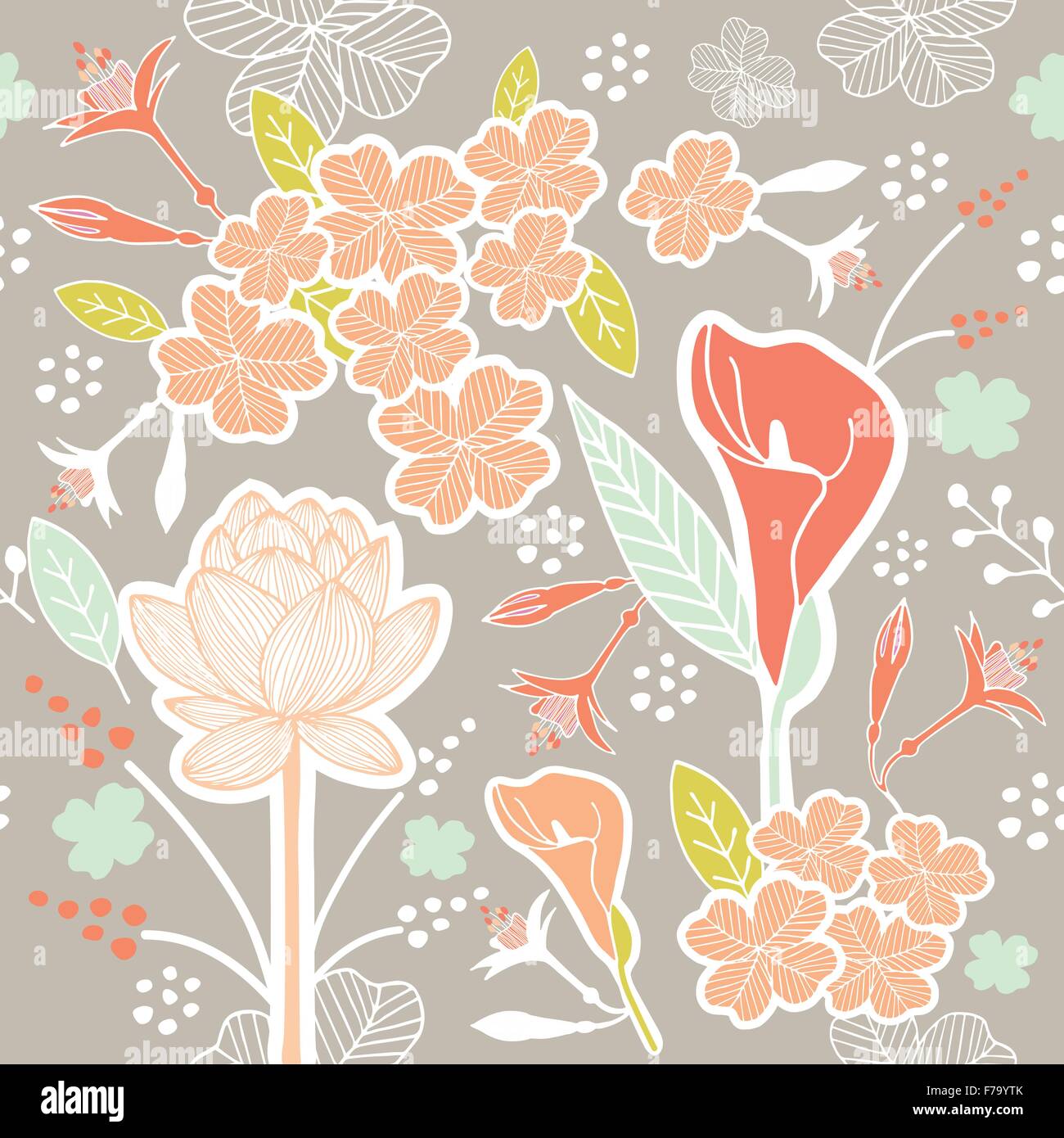 Fiore o fiori e foglie modello tessuto senza cuciture vettore schema colore pastello su sfondo grigio chiaro Illustrazione Vettoriale