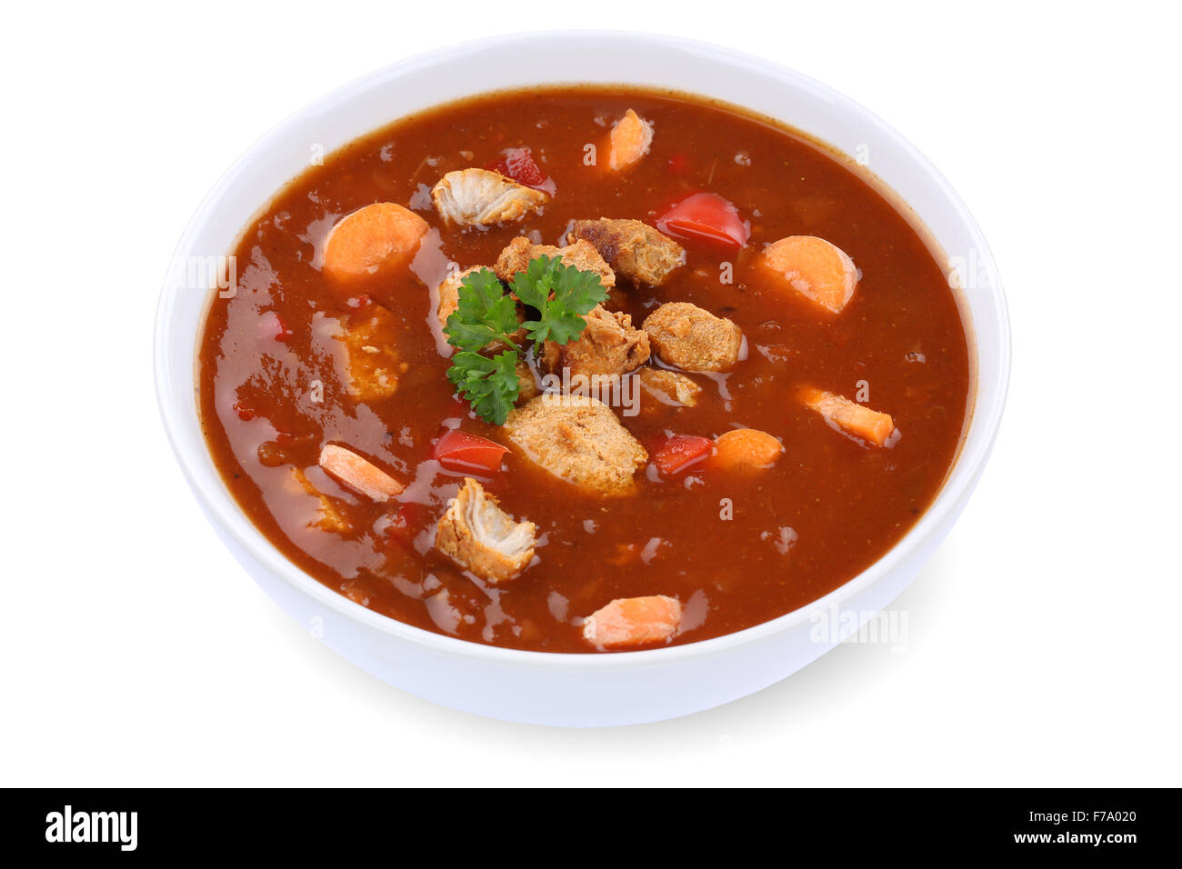 Zuppa di gulasch pasto a base di carne e paprika nel recipiente isolato su uno sfondo bianco Foto Stock
