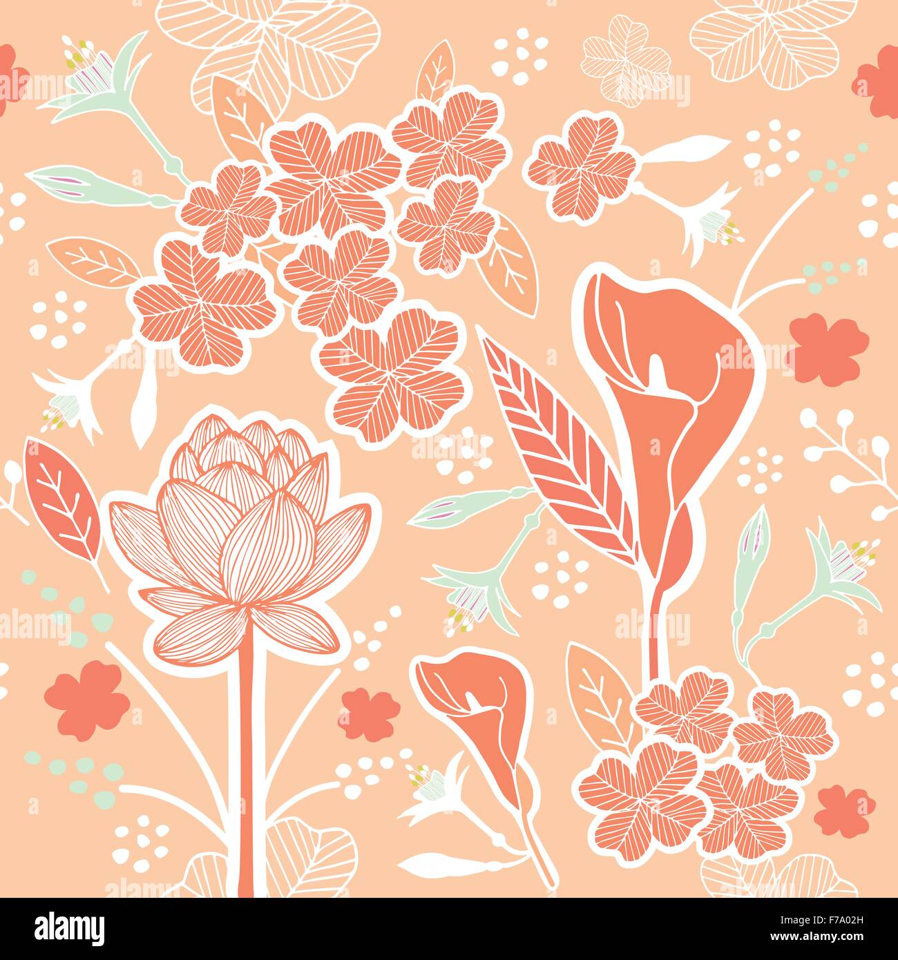 Fiore o fiori e foglie modello tessuto senza cuciture vettore schema colore pastello su Pastel Peach sfondo Illustrazione Vettoriale