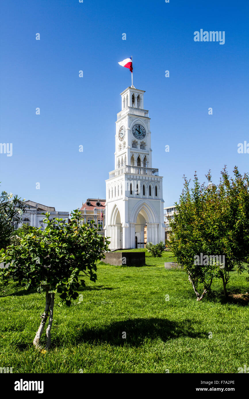 Clock Tower, Arturo Prat piazza (Plaza Arturo Prat), costruito nel 1878, quando Iquique era in territorio peruviano. Foto Stock