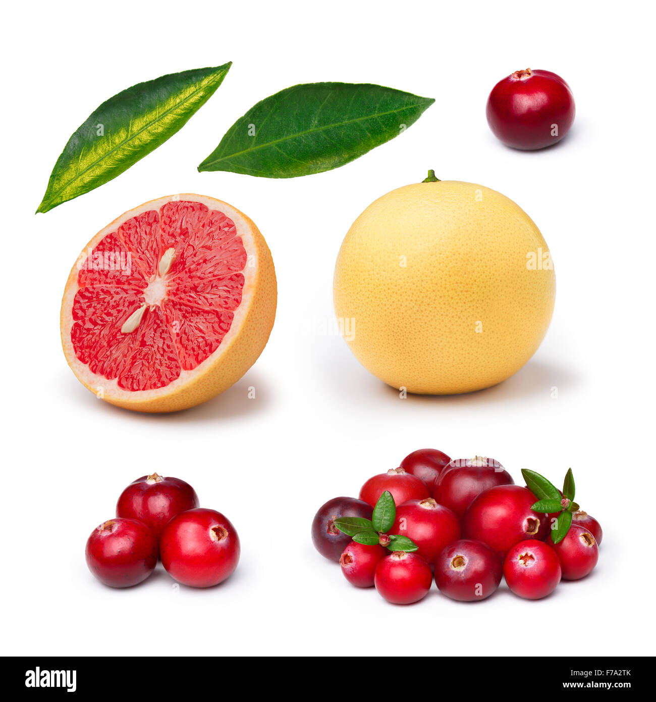 Set di mirtilli rossi interi e fette di pompelmo rosa isolato su bianco. Vista esplosa. Grande profondità di campo Foto Stock