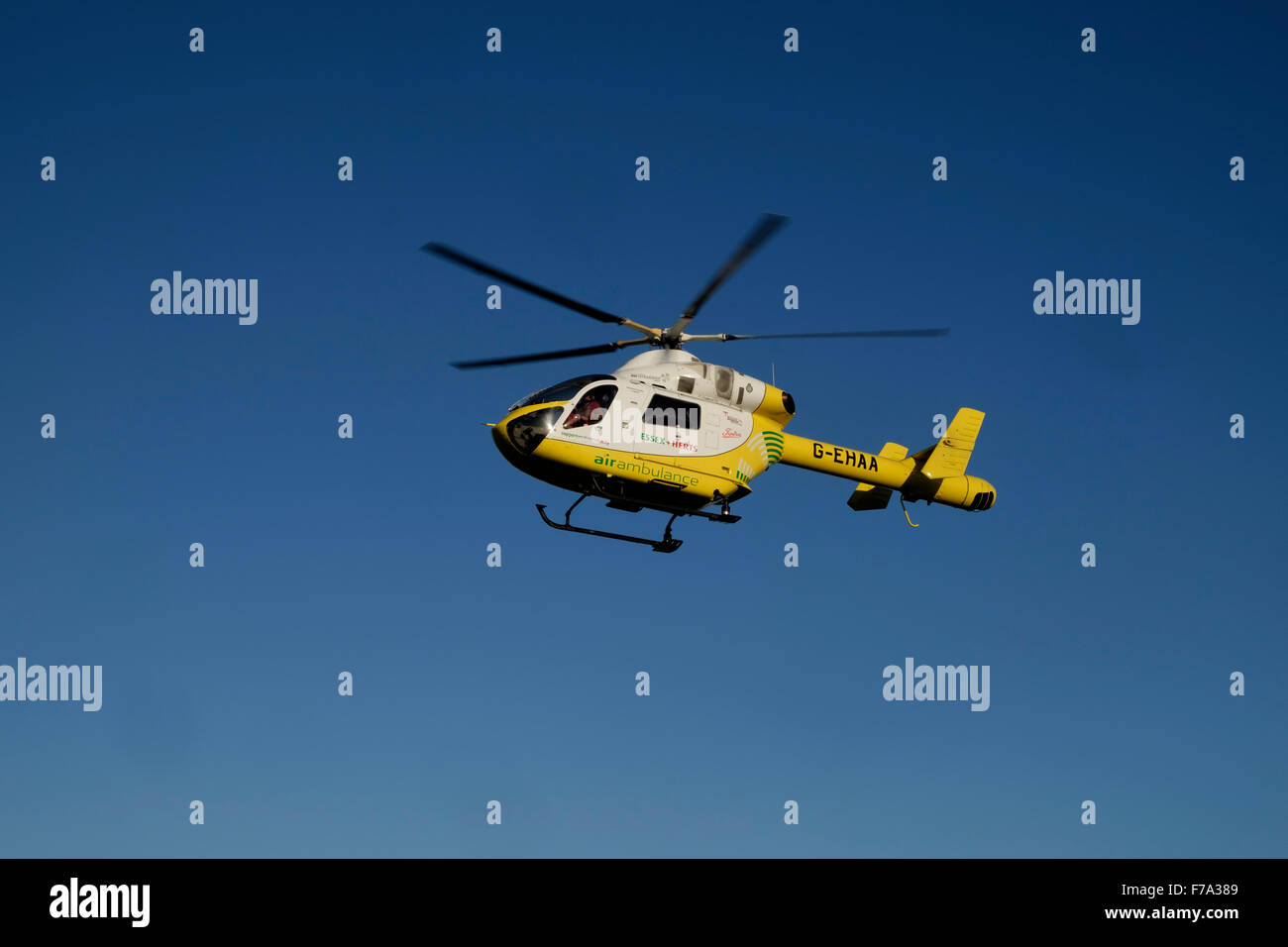 Essex e Herts Air Ambulance fidano elicottero a prato bathhouse Walton sul Naze con un'ambulanza a ruggito Foto Stock