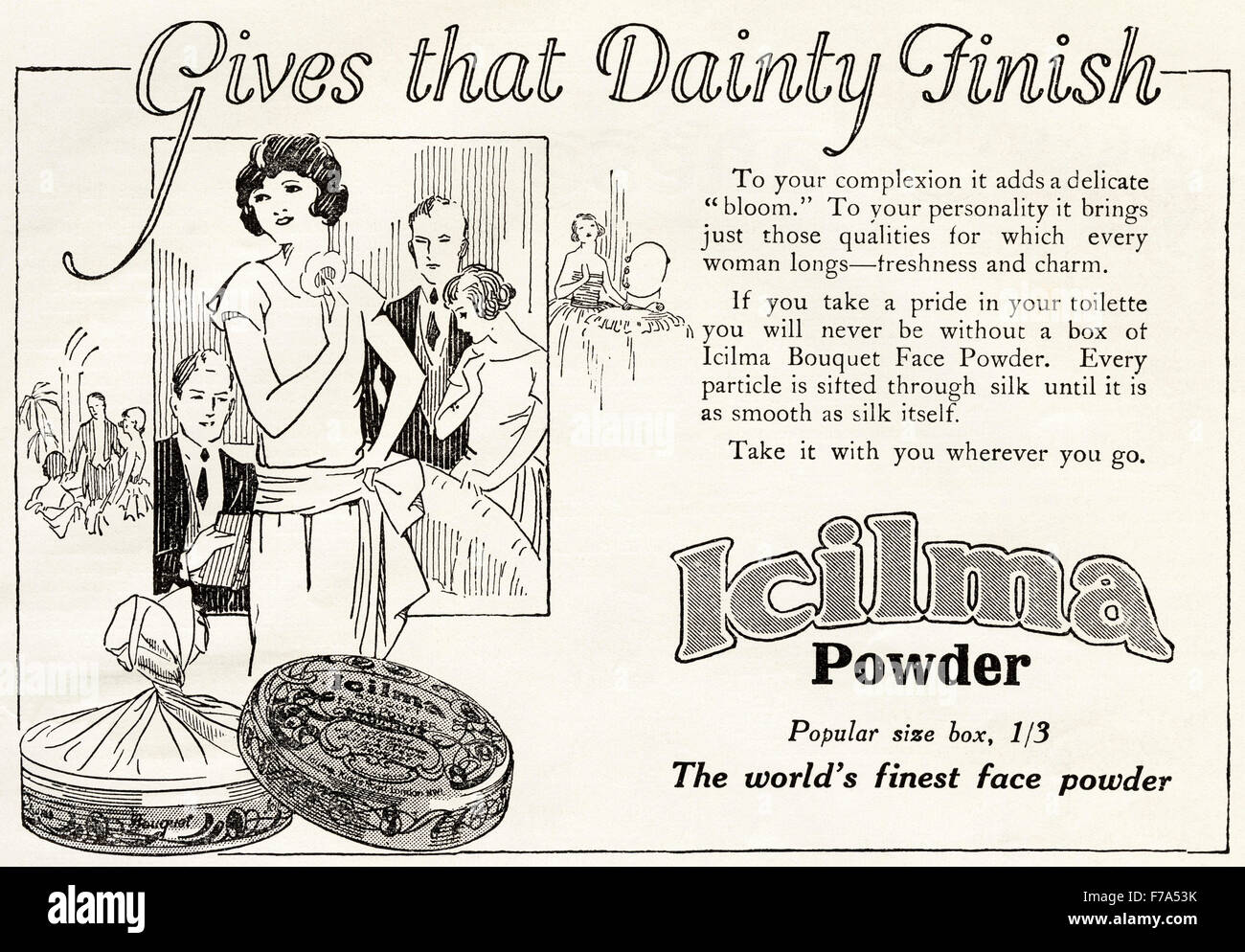 1920s annuncio. Annuncio datato 1923 pubblicità Icilma viso trucco in polvere Foto Stock