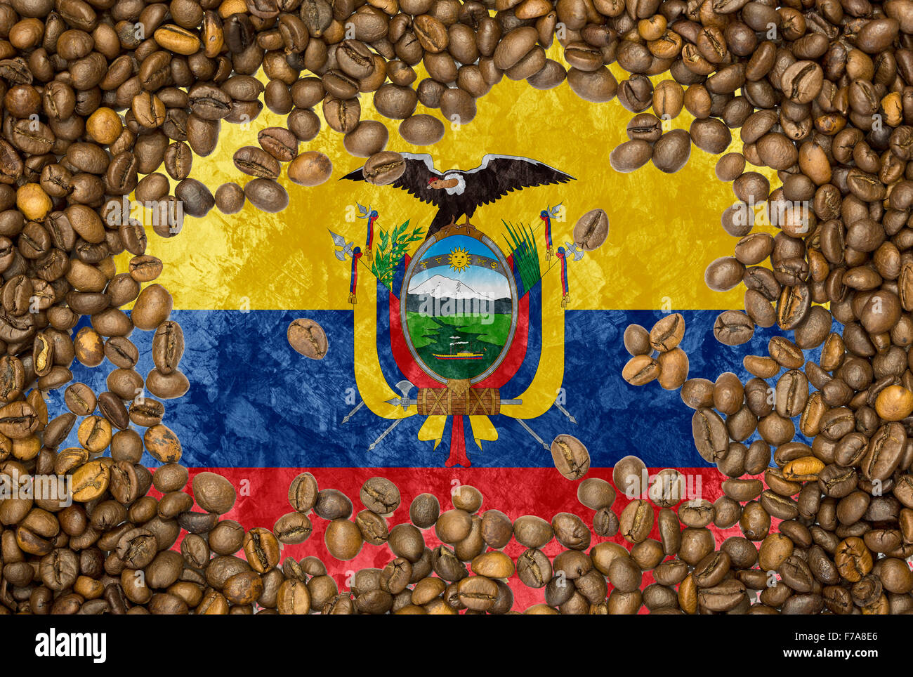 Paese nazionale bandiera dell Ecuador sotto uno sfondo di Roasted Brown i chicchi di caffè Foto Stock