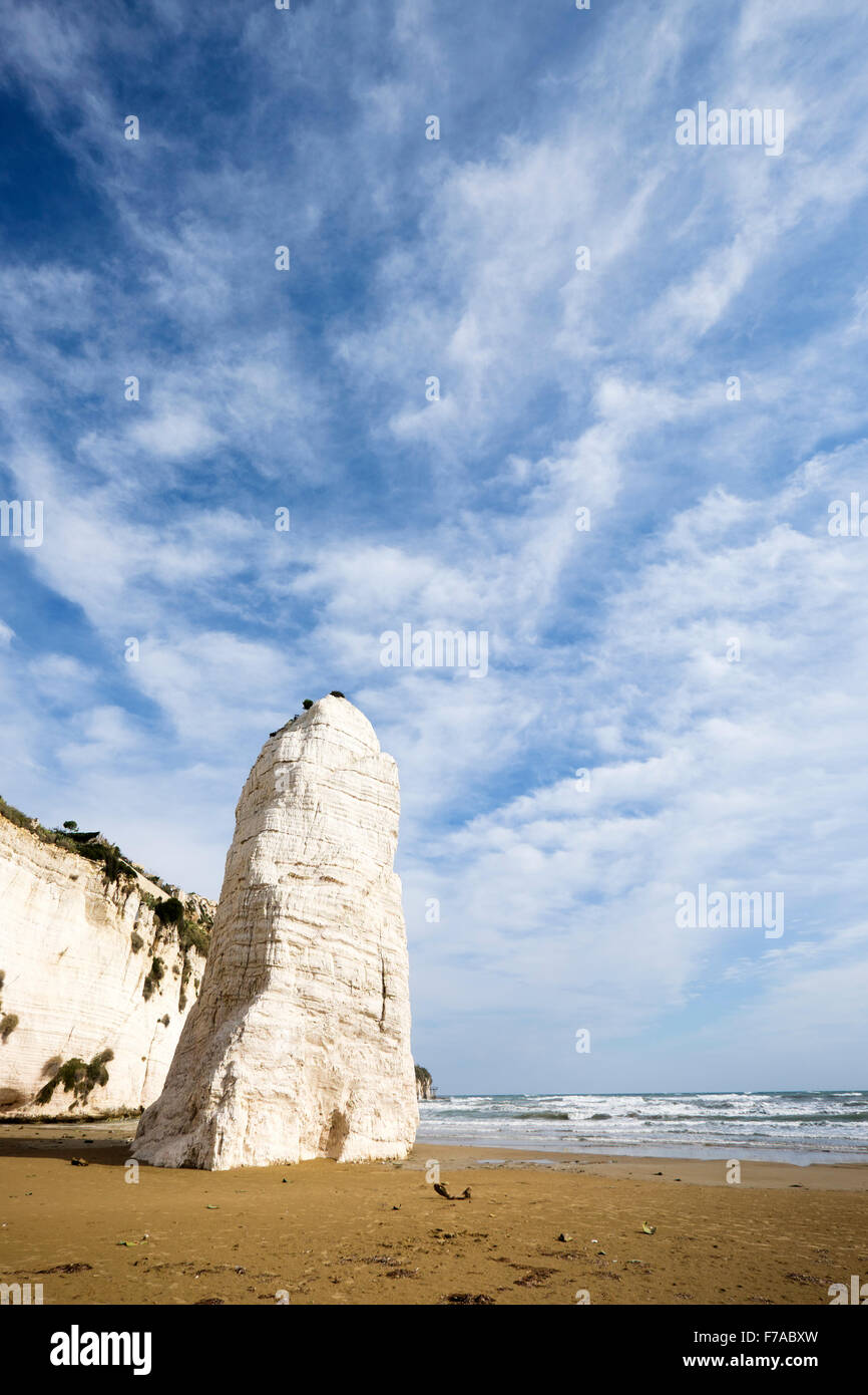 Il monolito di pietra calcarea e Pizzimunno cliff, Vieste e Gargano in Puglia, Italia Foto Stock