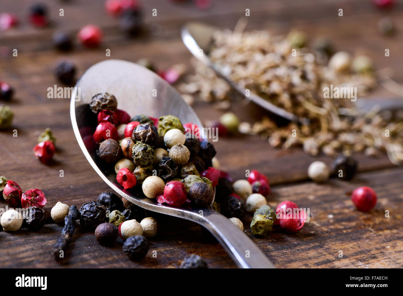 Primo piano di un cucchiaio con una varietà di diversi grani di pepe, come pepe rosa, pepe nero, peperoncino o pepe bianco, su un Foto Stock