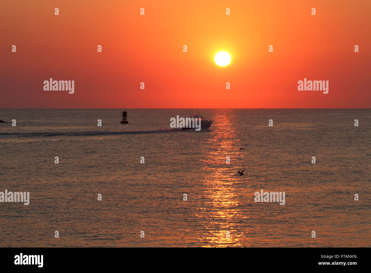 Voce fuori su un inizio di mattina viaggio di pesca, piccola barca e sunrise Foto Stock