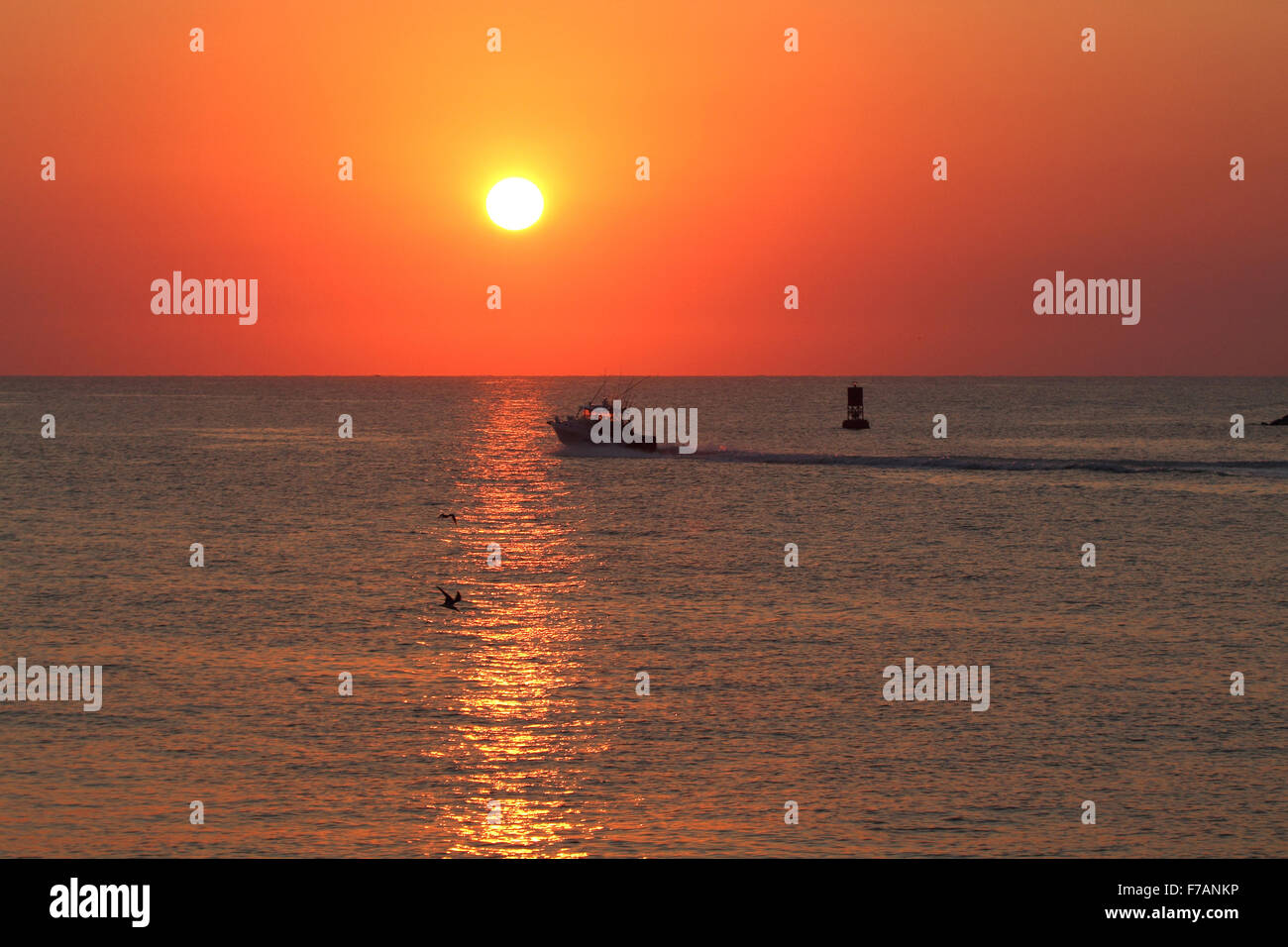 Voce fuori su un inizio di mattina viaggio di pesca, piccola barca e sunrise Foto Stock