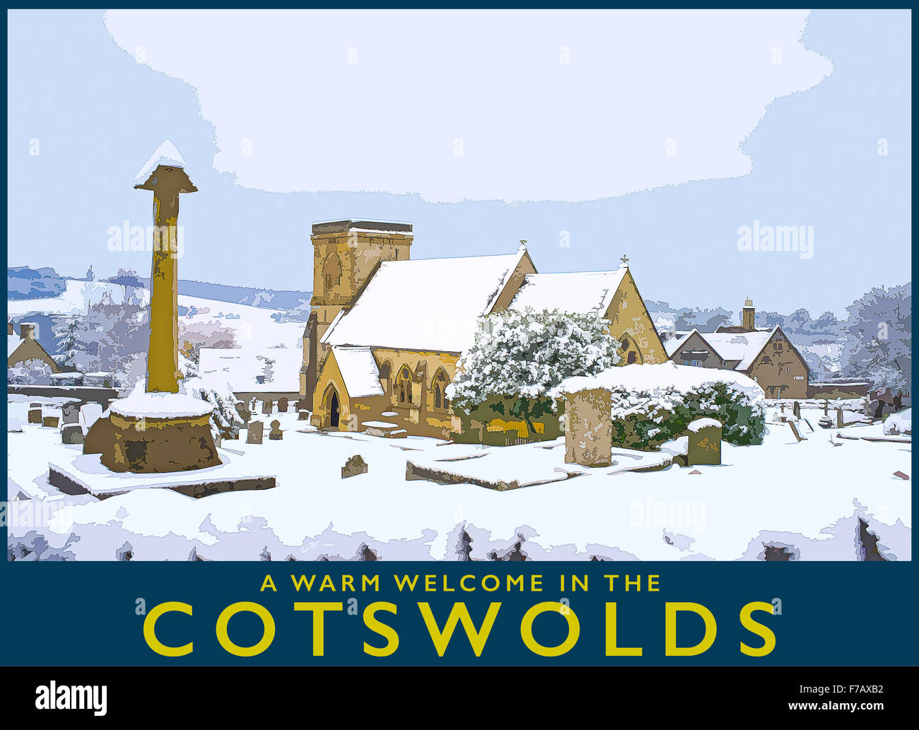 Un poster in stile illustrazione da una fotografia di inverno nel villaggio Costwold di Snowshill, Gloucestershire, Cotswolds, en Foto Stock