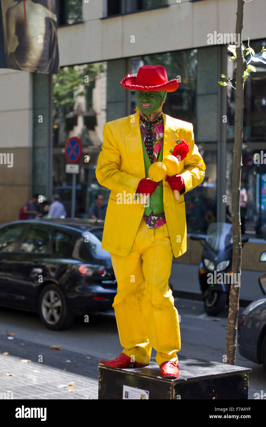 La maschera statua sulla Rambla di Barcellona Foto Stock