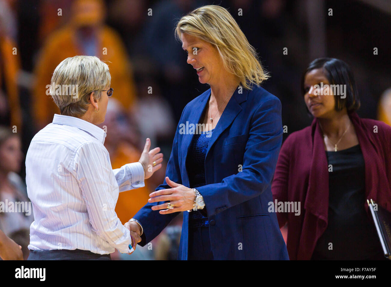 Novembre 27, 2015: head coach Katie Abrahamson-Henderson dell'Albany grande danesi si congratula con head coach Holly Warlick del Tennessee Lady volontari dopo il NCAA pallacanestro tra la University of Tennessee Lady volontari e la Albany grande danesi a Thompson Boling Arena a Knoxville TN Tim Gangloff/CSM Foto Stock