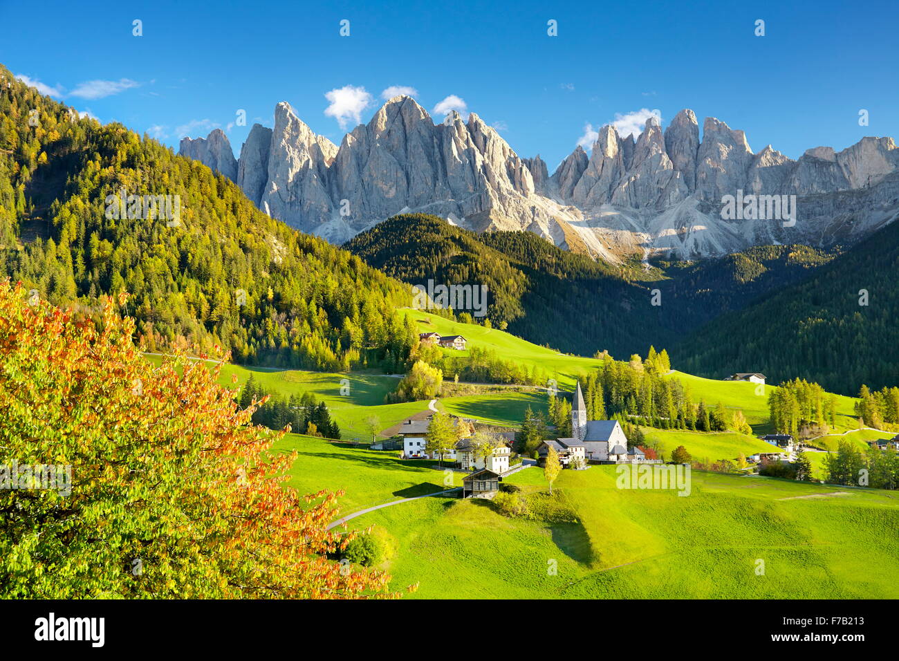 Dolomiti in autunno - Santa Maddalena Village, Puez Odle Parco Naturale Alpi europee, Alto Adige, Italia Foto Stock