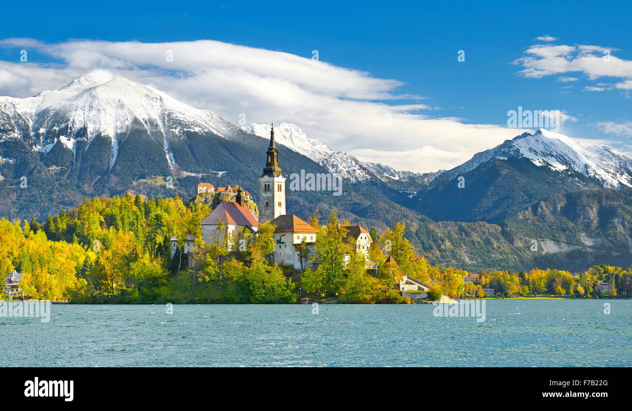 Il lago di Bled e sulle Alpi Giulie, Slovenia Foto Stock