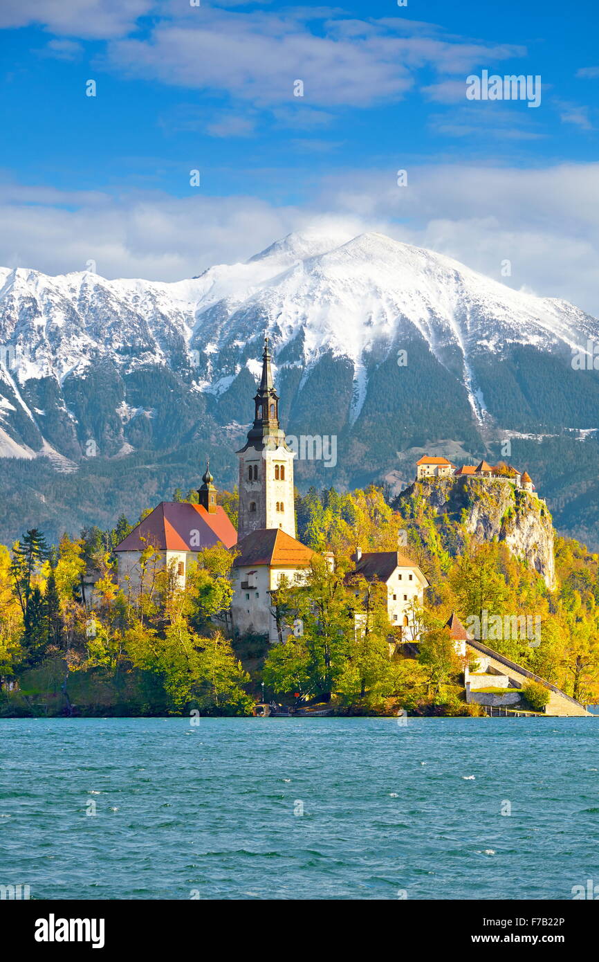 Il lago di Bled e sulle Alpi Giulie, il Parco Nazionale del Triglav, Slovenia Foto Stock