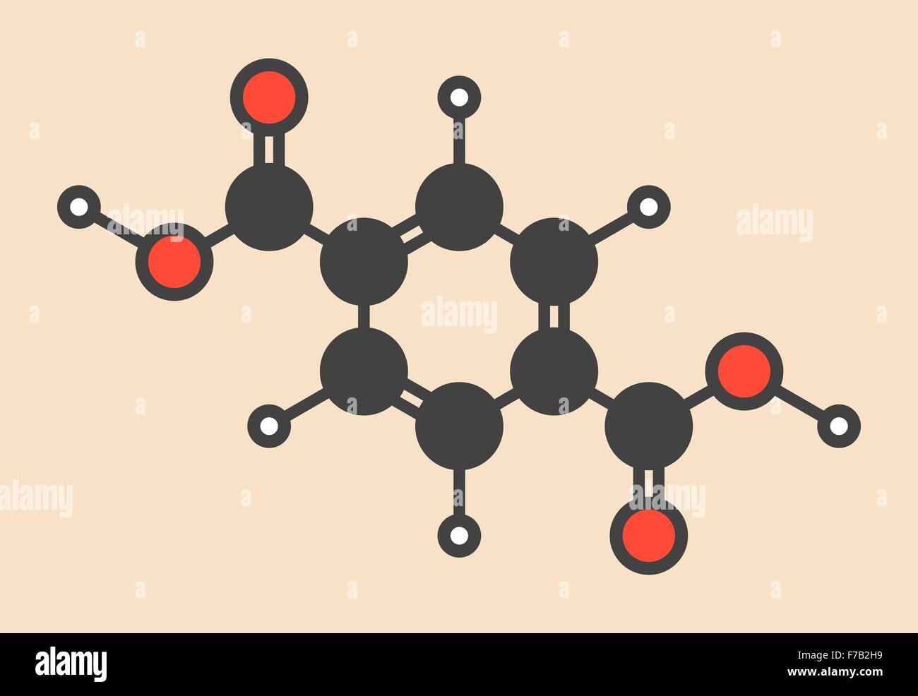 Acido tereftalico, poliestere (PET, polietilene tereftalato) edificio in materiale plastico monoblocco. Stilizzata di scheletro di formula (chimico Foto Stock