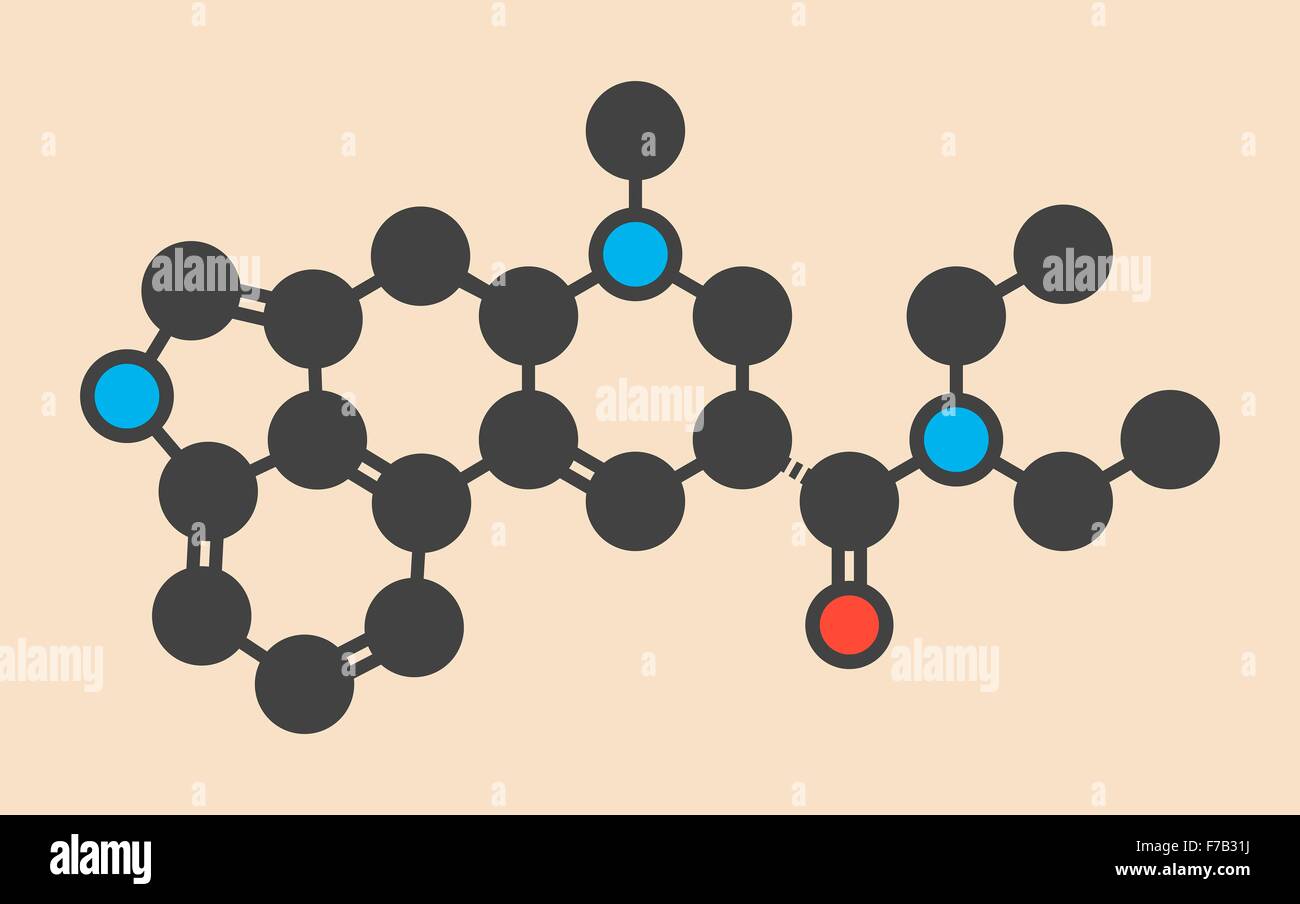 LSD (acido lisergico dietilammide) psichedelico molecola di farmaco. Stilizzata di scheletro di formula (struttura chimica). Gli atomi sono mostrati come Foto Stock