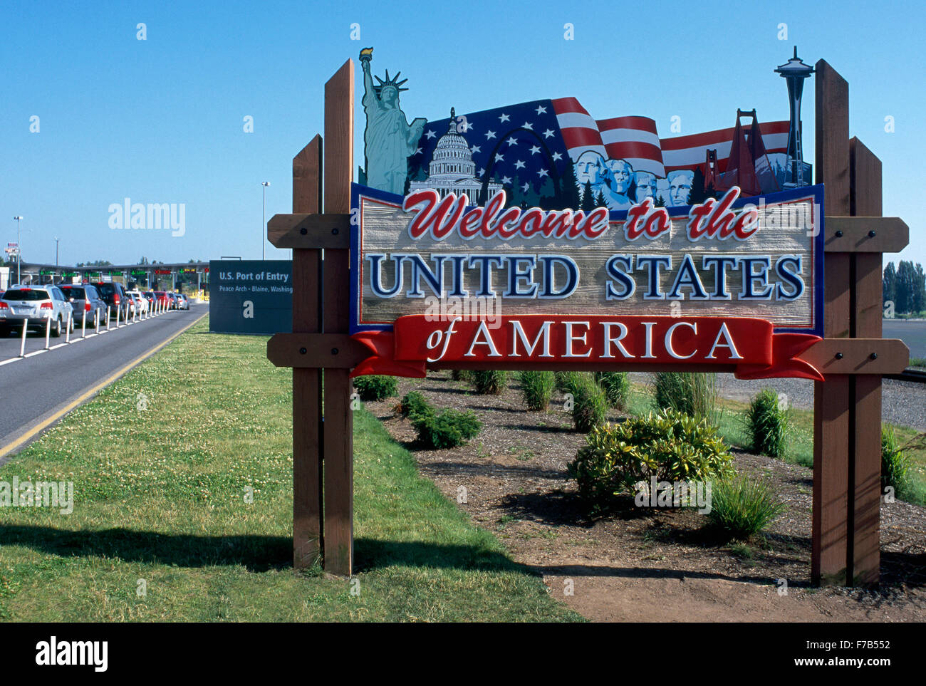 Segno di benvenuto agli Stati Uniti d'America dal British Columbia, Canada per stato di Washington, USA - Douglas valico di frontiera a noi Foto Stock