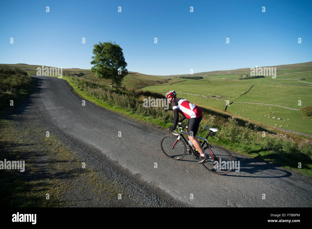 Escursioni in bicicletta nel Yorkshire Dales National Park, Regno Unito. Un cavaliere solitario Darnbrook arrampicata cadde su una bella mattina di settembre. Foto Stock