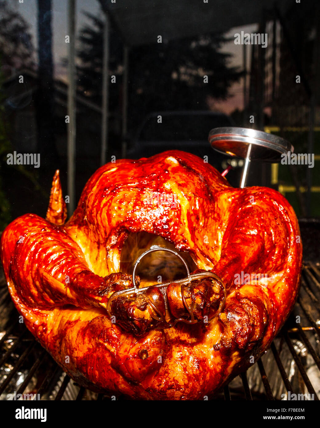 Un sale rub messi in salamoia ringraziamento Turchia cotti su una Weber Kettle barbecue con il termometro della carne che indica se sono cotti Foto Stock