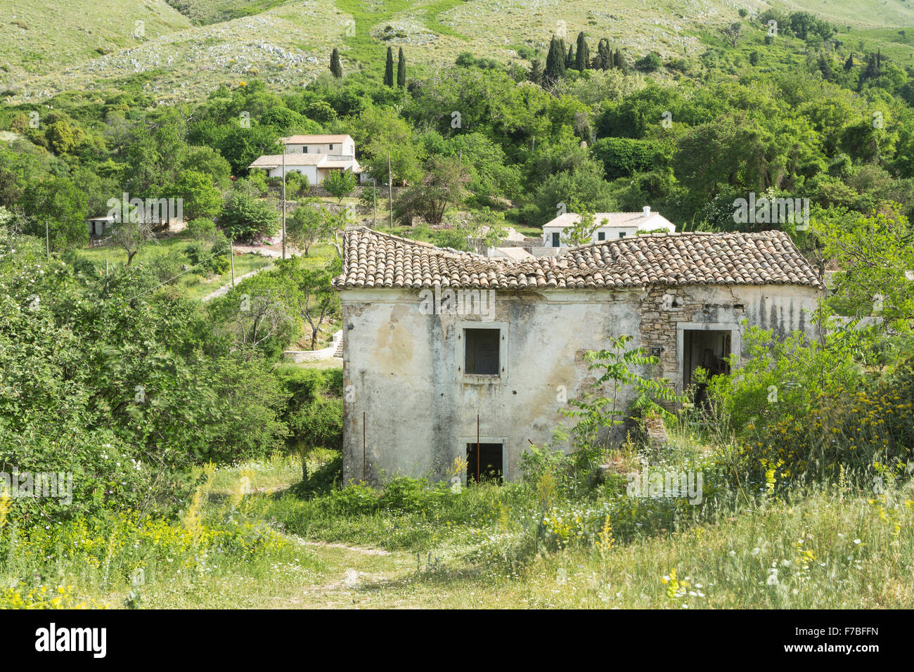 Una vecchia casa abbandonata sta rovinato in PALIÀ PERITHIA, Palaia Peritheia, Corfù, Grecia. Foto Stock