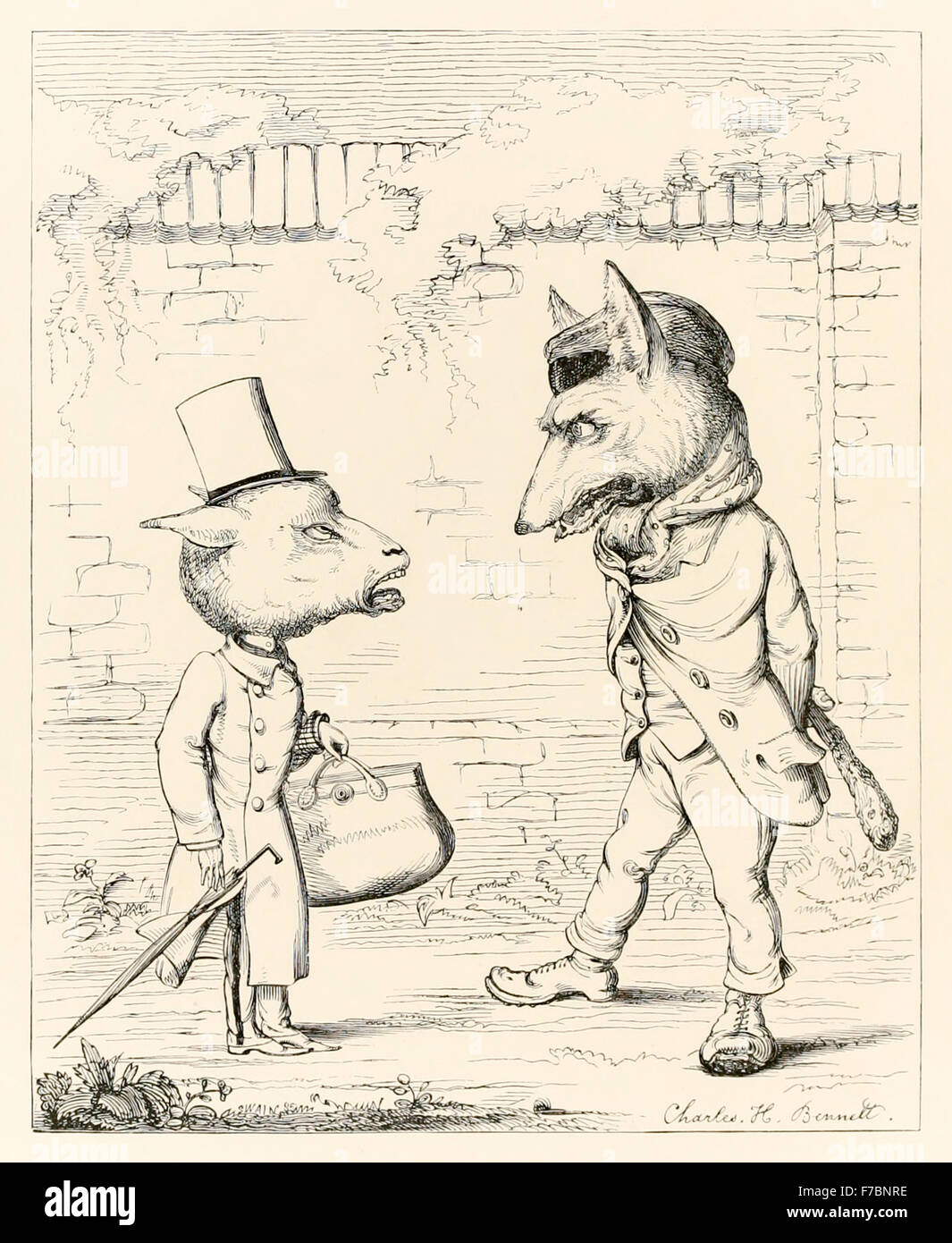 " Il lupo e l'Agnello" dal "le fiabe di Esopo e altri tradotti nella natura umana illustrata da Charles H. Bennett (1828-1867), un racconto di tirannico di ingiustizia in cui una vittima è falsamente accusata e ucciso nonostante un ragionevole difesa. Vedere la descrizione per maggiori informazioni. Foto Stock