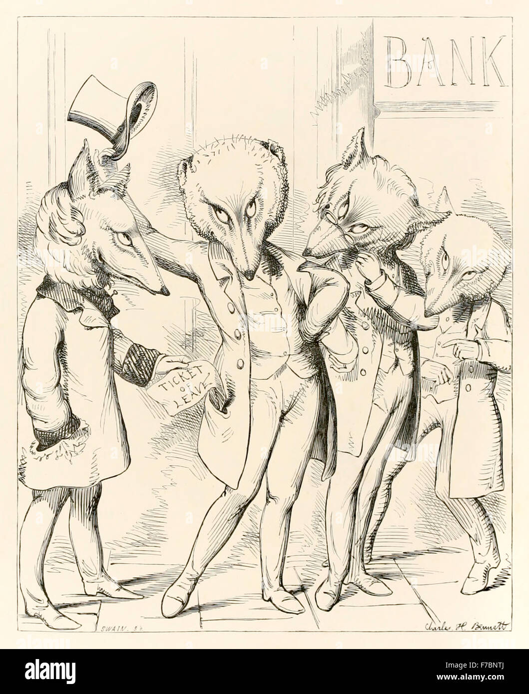 'L'Fox che era inserito'' da "le fiabe di Esopo e altri tradotti nella natura umana illustrata da Charles H. Bennett (1828-1867), una volpe ha ottenuto la sua coda tagliata e ha cercato di convincere altri volpi per tagliare il loro off per nascondere la loro vergogna ma è stato chiesto di lasciare. Morale: un ladro che ha avuto le sue orecchie mozzati in gogna non dovrebbe essere subito ad impostare la moda in periwigs. Vedere la descrizione per maggiori informazioni. Foto Stock