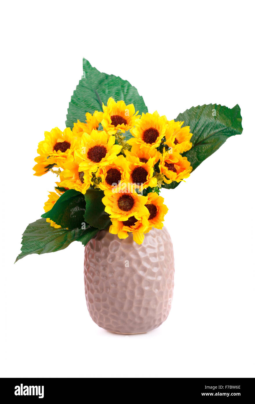 Tessuto di colore giallo dei fiori in vaso isolato su sfondo bianco. Foto Stock