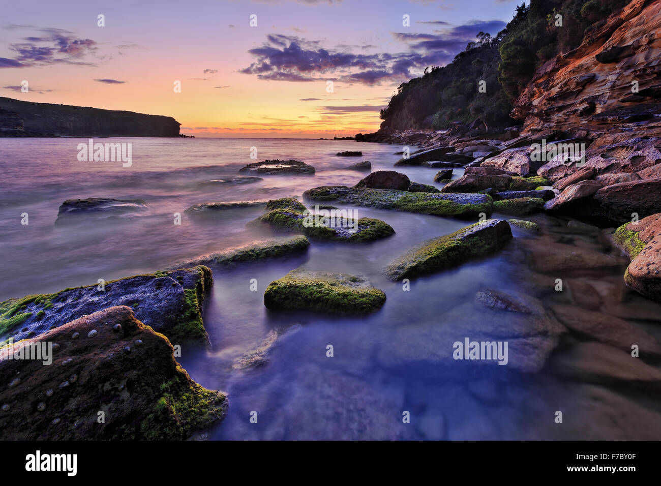 Trasparente mare chiaro piano presso il Royal National Park Wattamola spiaggia rocciosa in Australia all'alba con acqua sfocata intorno al green Foto Stock