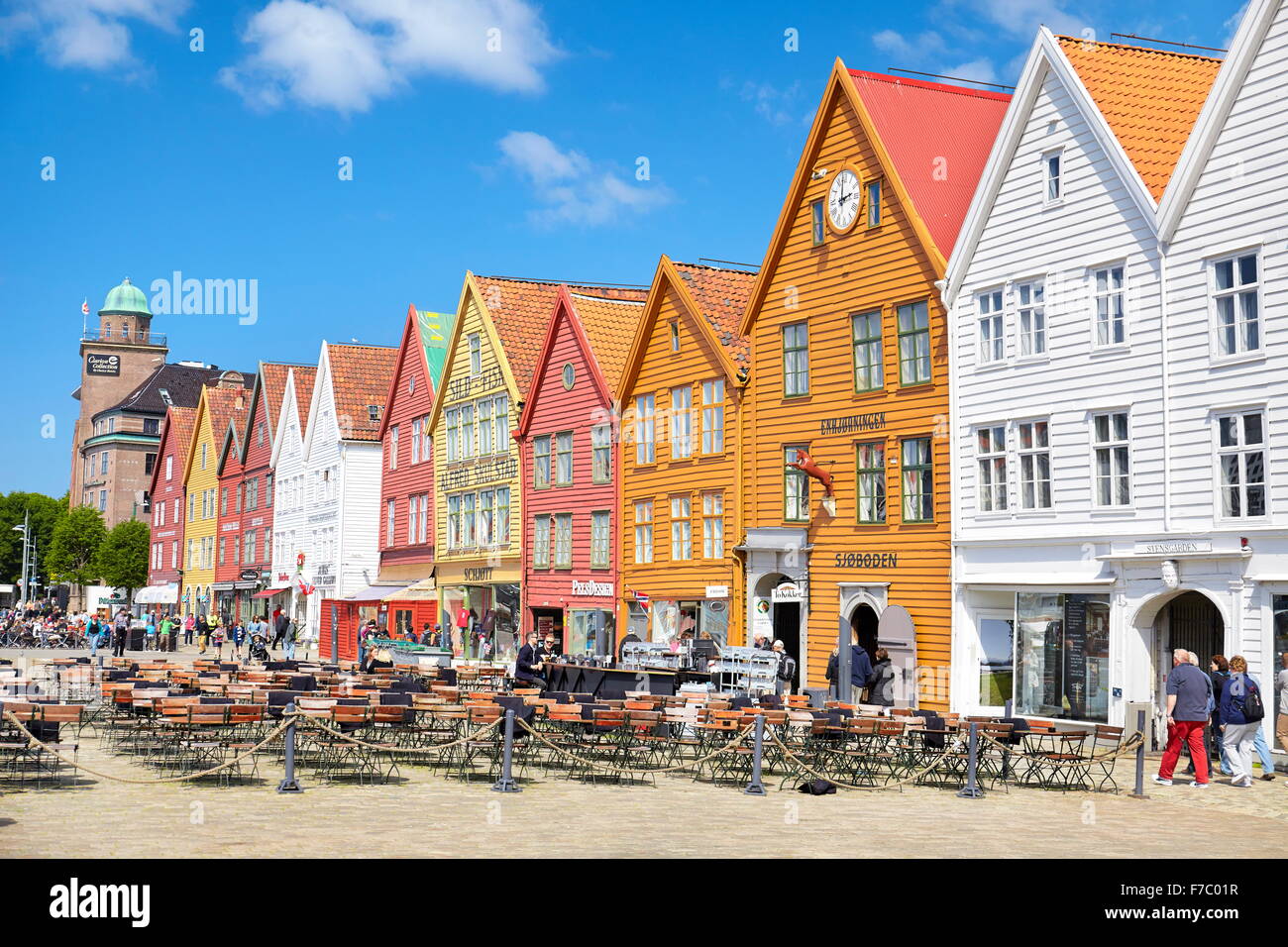 Magazzini in legno, Bryggen, Bergen, Norvegia Foto Stock