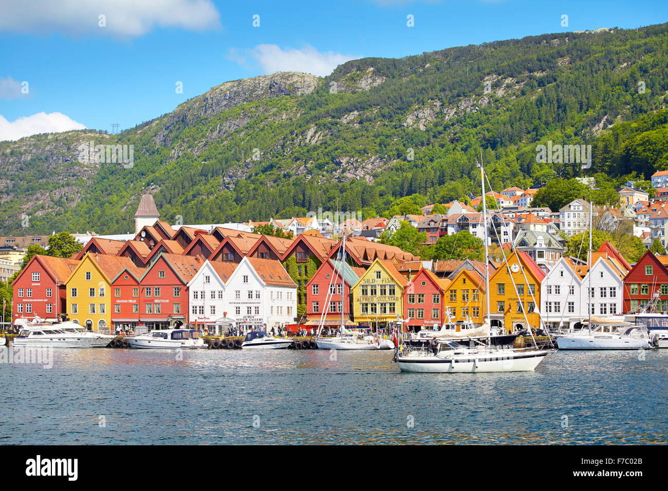 Magazzini in legno, Bryggen, Bergen, Norvegia Foto Stock