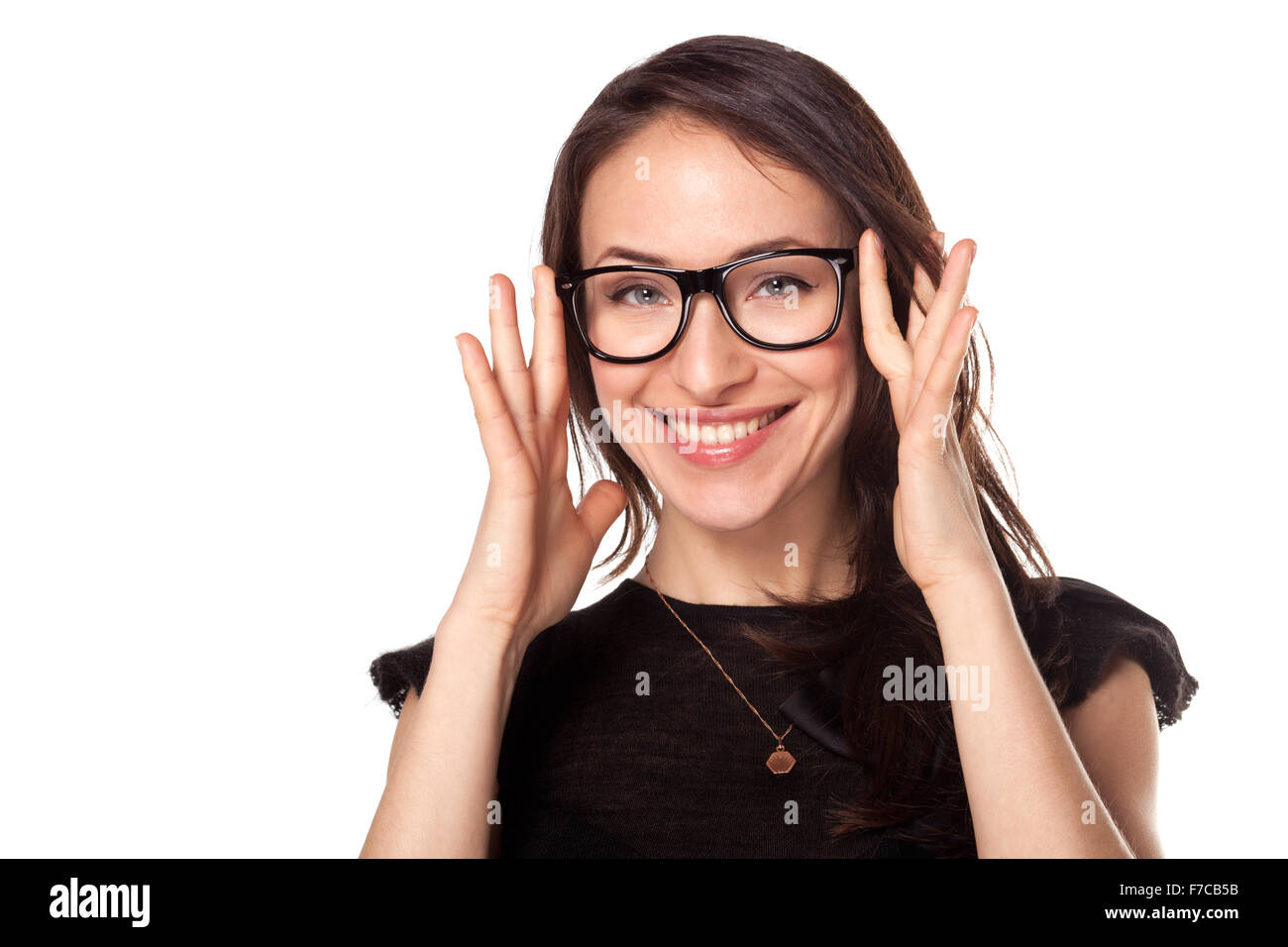 Donna felice con un nuovo bicchieri a ottica Foto Stock