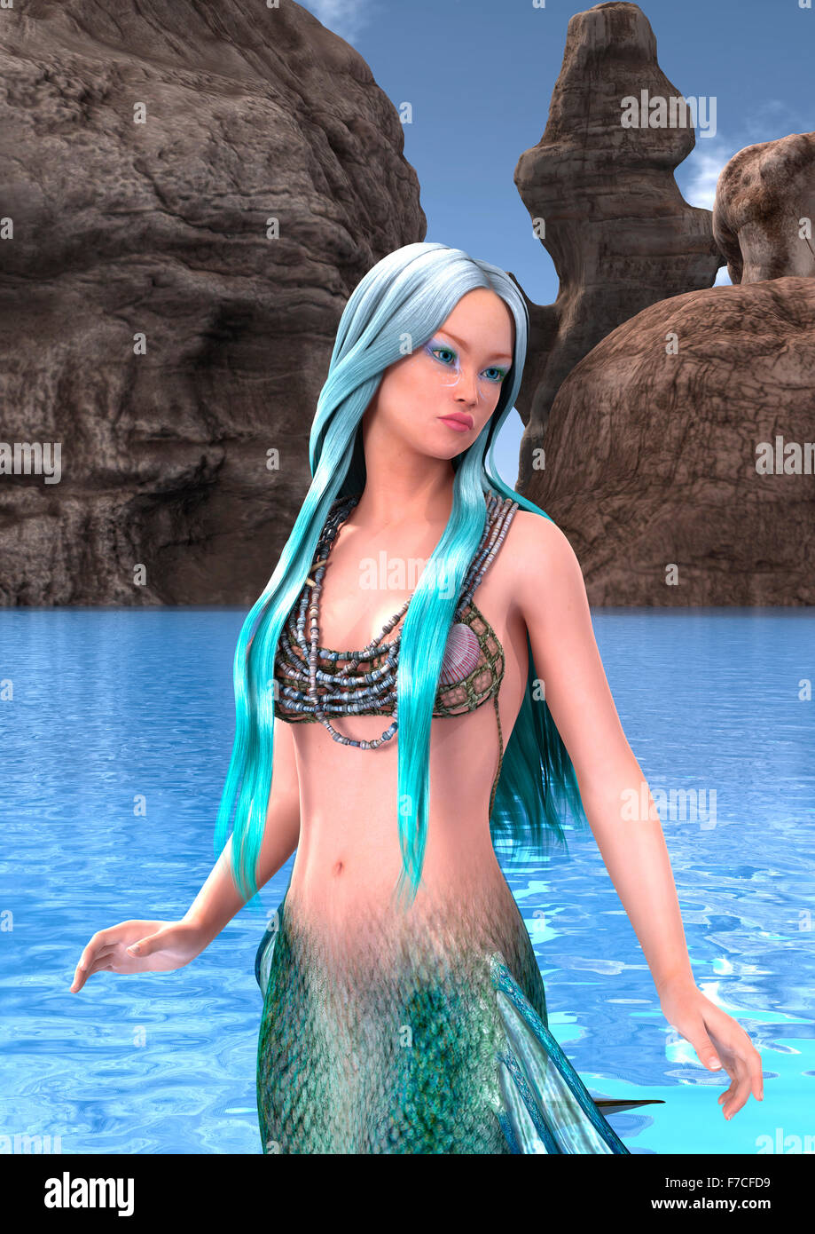 3D render digitale di un bellissimo fantasy mermaid isolate su un oceano blu sullo sfondo Foto Stock 3D render digitale di un bellissimo fantasy mermaid isolate su un oceano blu sullo sfondo Foto Stock