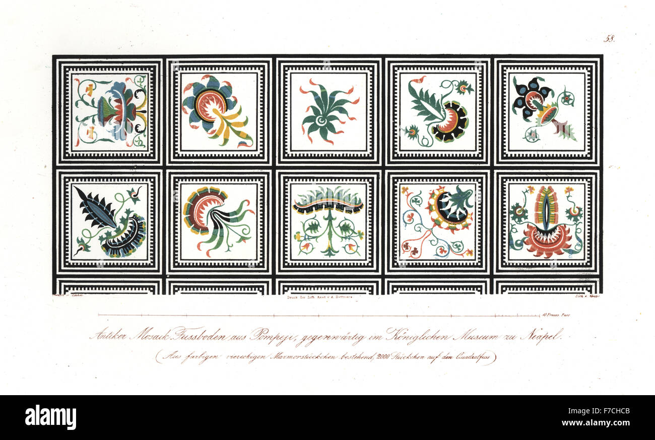 Antichi pavimenti in mosaico da Pompei, nel Regio Museo di Napoli. Litografia Handcolored da Konter dopo una illustrazione di Wilhelm Zahn dal suo ornamento di tutti Arte Classica epoche, Ornamente aller klassischen Kunst-Epochen, Reimer, Berlino, 1834. Foto Stock