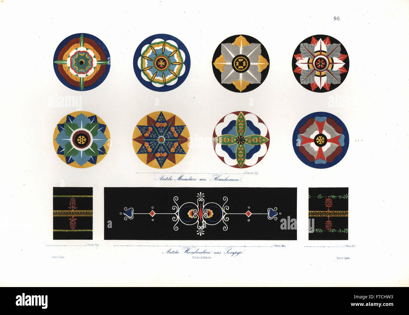 Antichi mosaici da Ercolano, e antichi dipinti a muro da Pompei. Litografia Handcolored da Cordes dopo una illustrazione di Wilhelm Zahn dal suo ornamento di tutti Arte Classica epoche, Ornamente aller klassischen Kunst-Epochen, Reimer, Berlino, 1834. Foto Stock