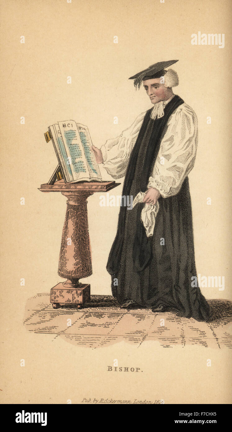Il Vescovo della chiesa di Inghilterra nelle vesti davanti una Bibbia su un leggio, xix secolo. Handcolored incisione su rame da William Henry Pyne è il mondo in miniatura: Inghilterra, Scozia e Irlanda, Ackermann, 1827. Foto Stock