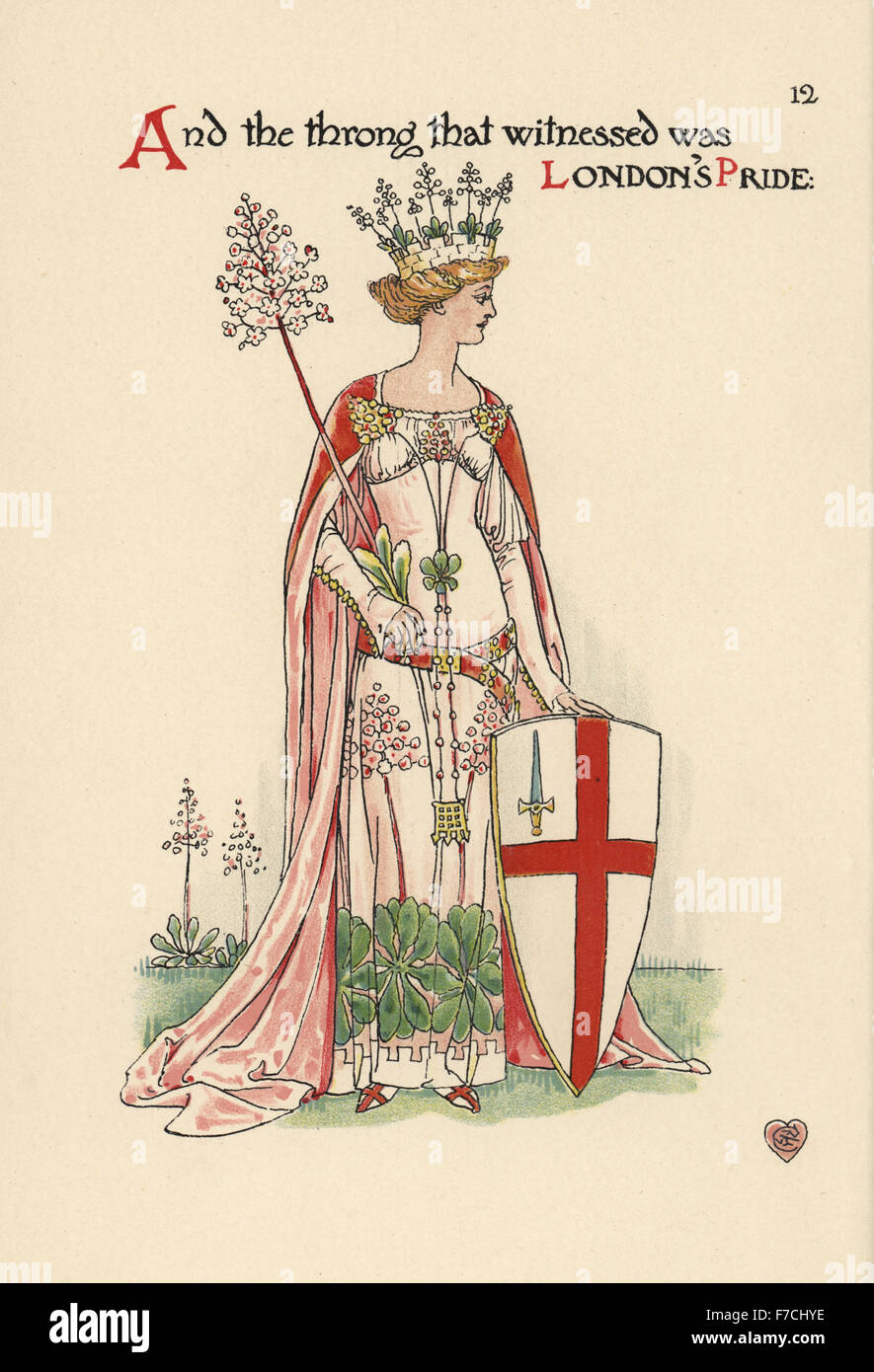 Fiore fata di Londra orgoglio, Saxifraga × urbium, donna con corona merlata, Vestito medievale, stemma con la croce di San Giorgio e la spada. Chromolithograph dopo una illustrazione di Walter gru da un fiore di nozze, Cassell, Londra, 1905. Foto Stock